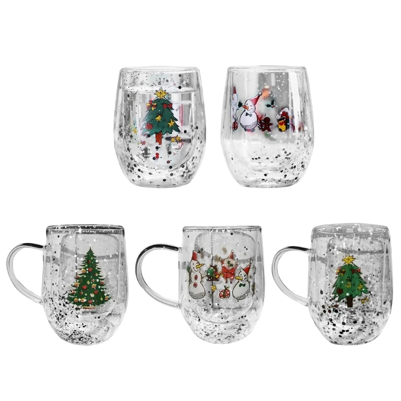 Christmas Themed Double Walled Glass Water Cup Heat Resistant Coffee Mug 300ml Drinkware for Festives Hot Beverages