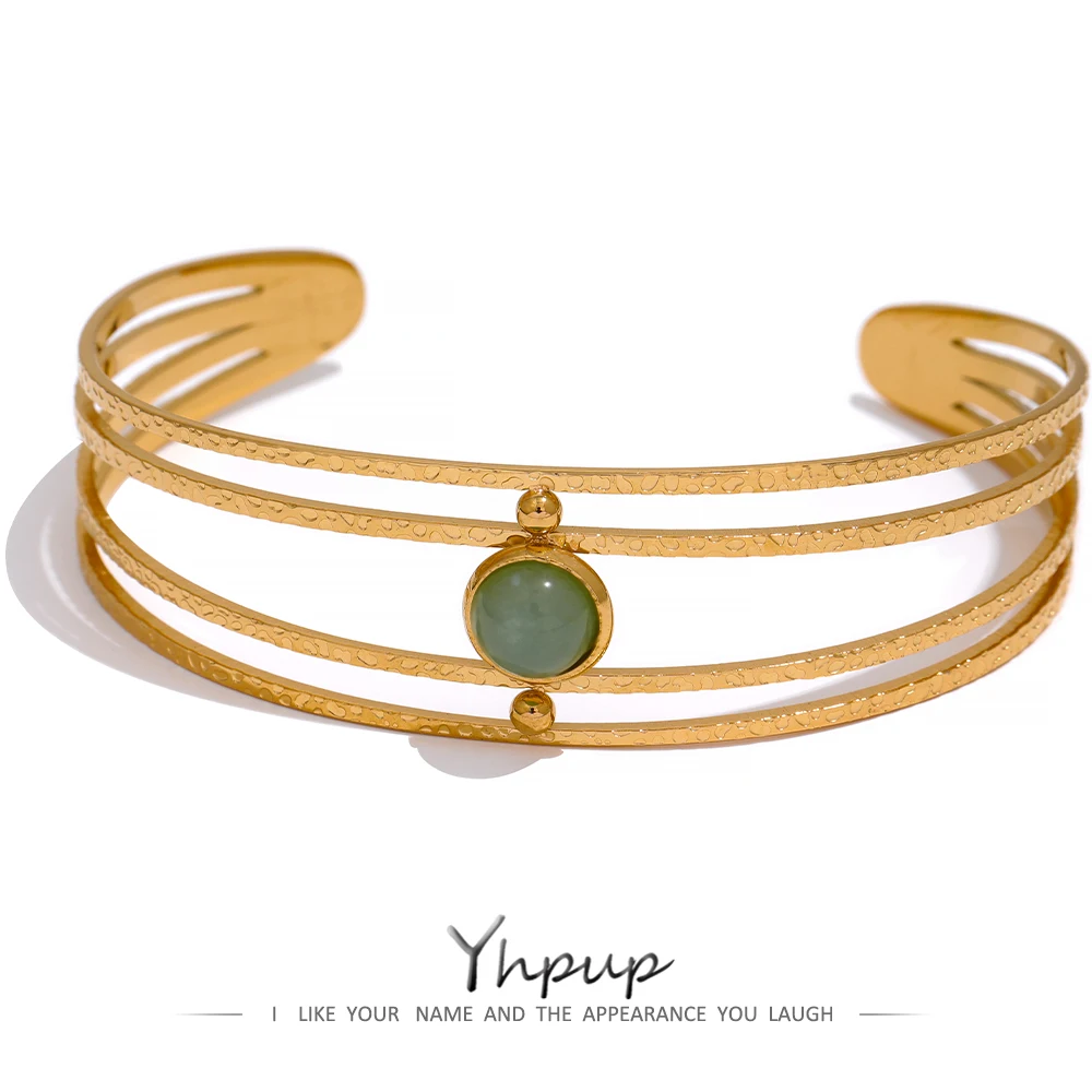 Yhpup Open Bracelet Bangle  Arm Jewelry Women Boho Golden Waterproof Green Stone Summer Charm Stainless Steel Bracelet Gift