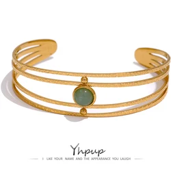 Yhpup Open Bracelet Bangle Arm Jewelry Women Boho Golden Waterproof Green Stone Summer Charm Stainless Steel Bracelet Gift