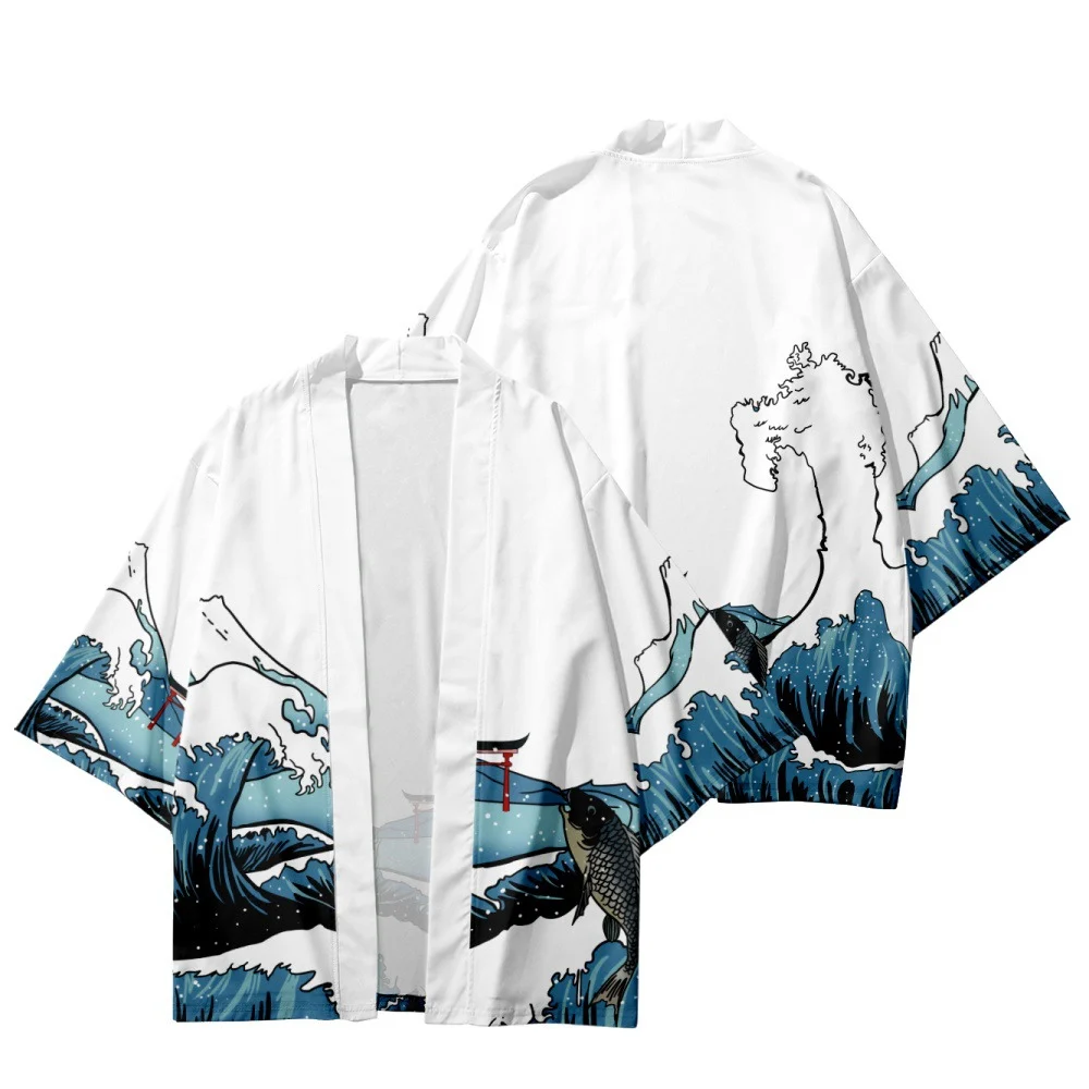 Fashion Waves Carp Print Summer Men Beach Yukata Streetwear Cardigan Women Japanese Kimono Harajuku Traditional Blouse Haori