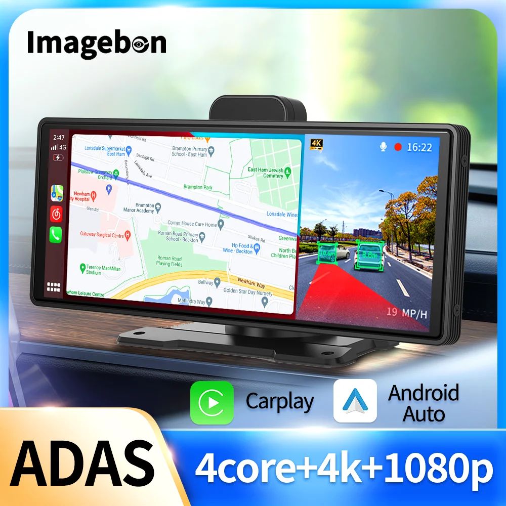 10.26 Inch Imagebon 4K ADAS Dash Cam Wireless CarPlay & Android Auto Car DVR GPS Navigation Night Vision BT AUX Rear view camera