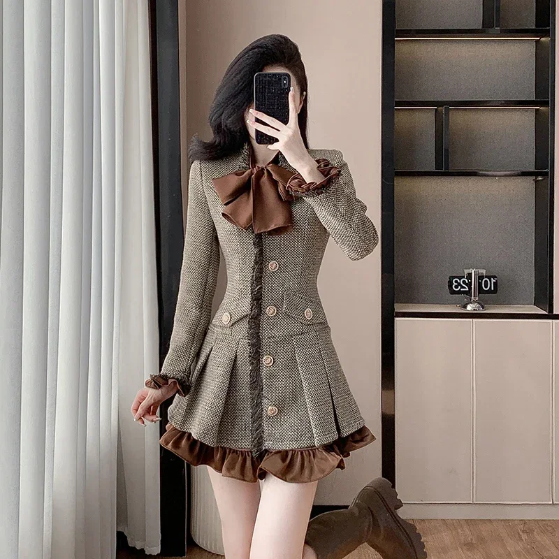 New Luxury Fashion Tweed Mini Short Dress Women Autumn Winter Bowtie Long Sleeve Patchwork Slim Pleated Party Dresses Vestidos