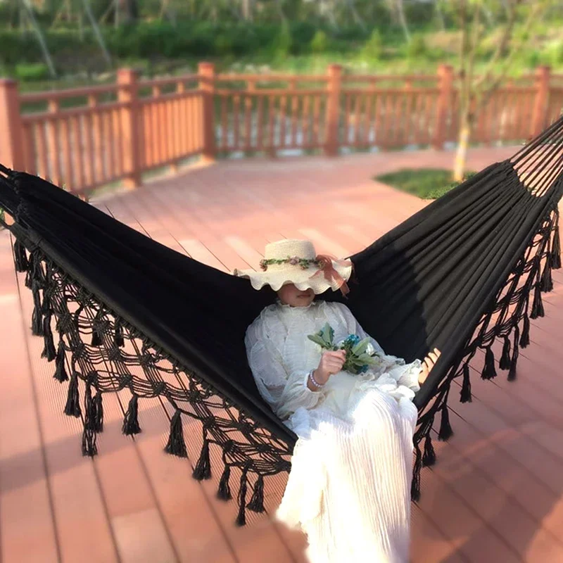 

-Adult Black Camping Hammock With Tassel Single-person Nordic Bohemian Hanging Bed 2.4x1.5m/2x1.5m Comfort Portable Hammock