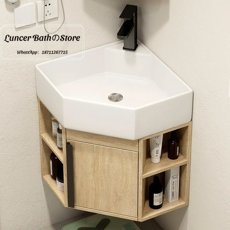 Space Saving Triangle Corner Bathroom Vanity Integrated Wash Basin Cabinet with Side Storage for Household Washroom