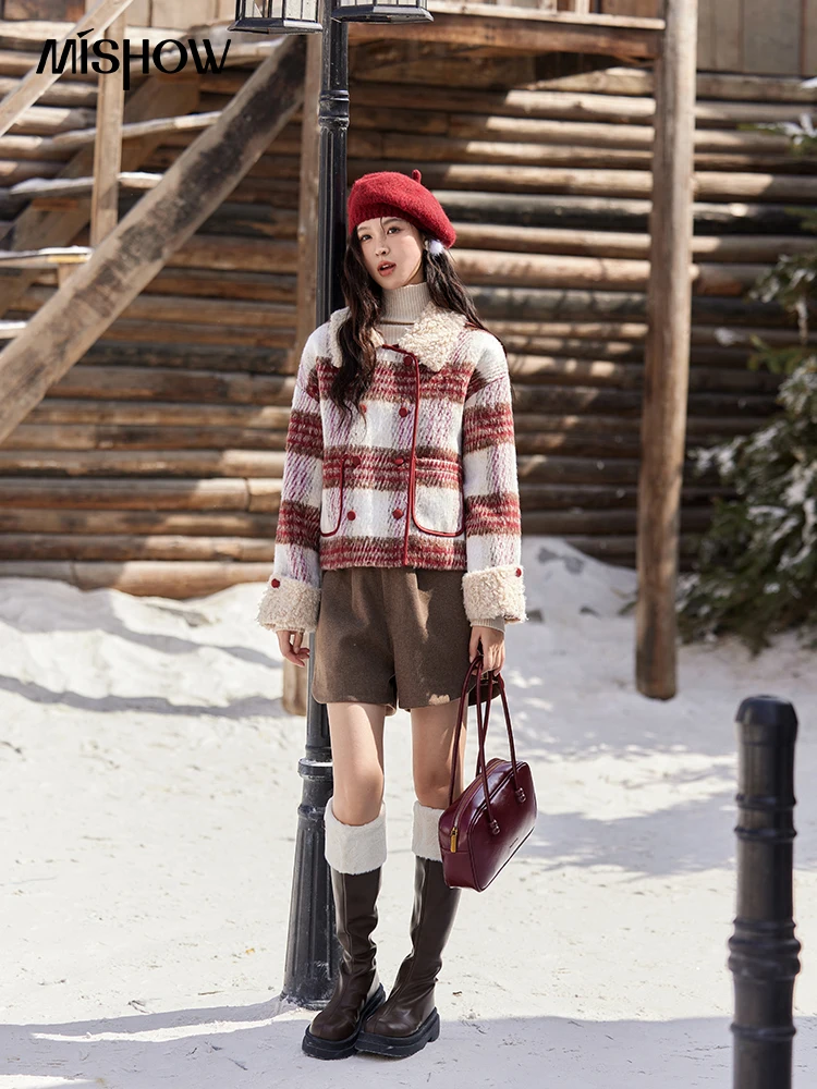 MISHOW Vintage Red Plaid Lamb Woo Coats Cotton Clip Soft Thickened Turn Down Collar Pocket Tweed Jacket Office Lady MXD59W0739