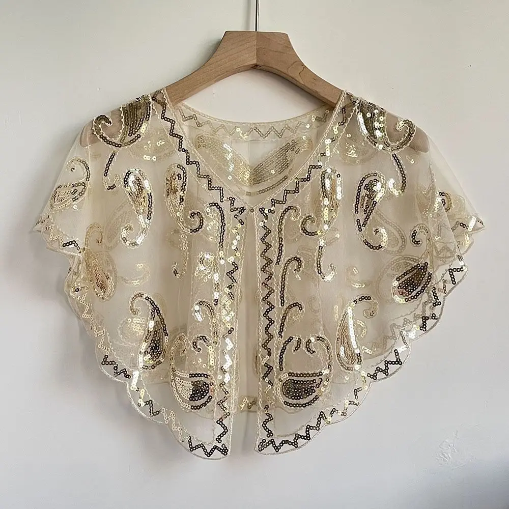 

Retro Sequins Poncho Coat Embroidery Vintage Style Sequin Beaded Short Cape Short Cape Hollow Out Flapper Shawl