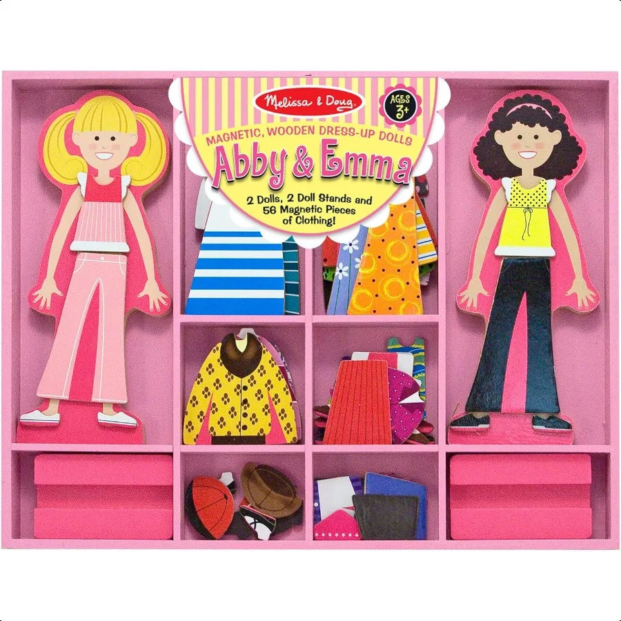 Melissa Doug Abby and Emma Magnetic Wooden DrUp Dolls Play Set 55+ Pieces Magnetic Dolls Pretend Play Preschool Toys for 3+