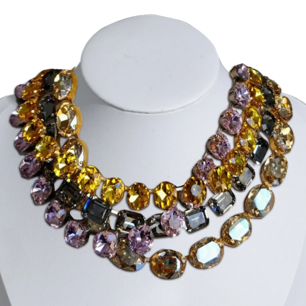 Shiny Yellow Color Rectangle Glass Crystal Necklace for Women Grey Copper Inlaid Vintage Classics Wedding Bridal Party Jewelry
