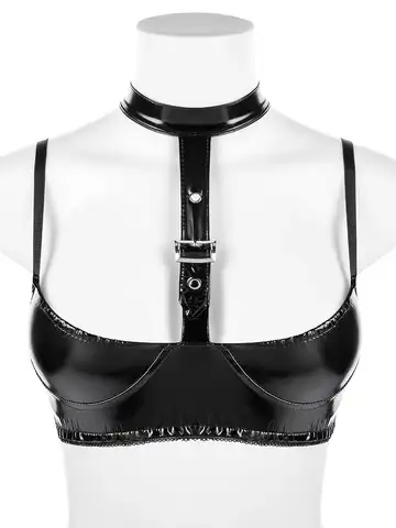 Women Halter Shiny Faux PU Leather Bustier Top Tights Bikini Crop Tops Cropped Croptop Sexy Clubwear Sleeveless Breasted Camis
