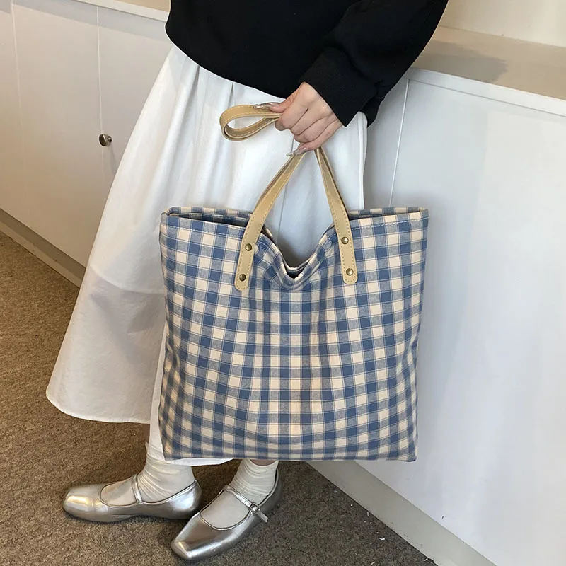 Women's One Shoulder Handbag Tote Bag New Fashion Trend Casual Versatile Large Capacity Commuter Student Plaid Canvas