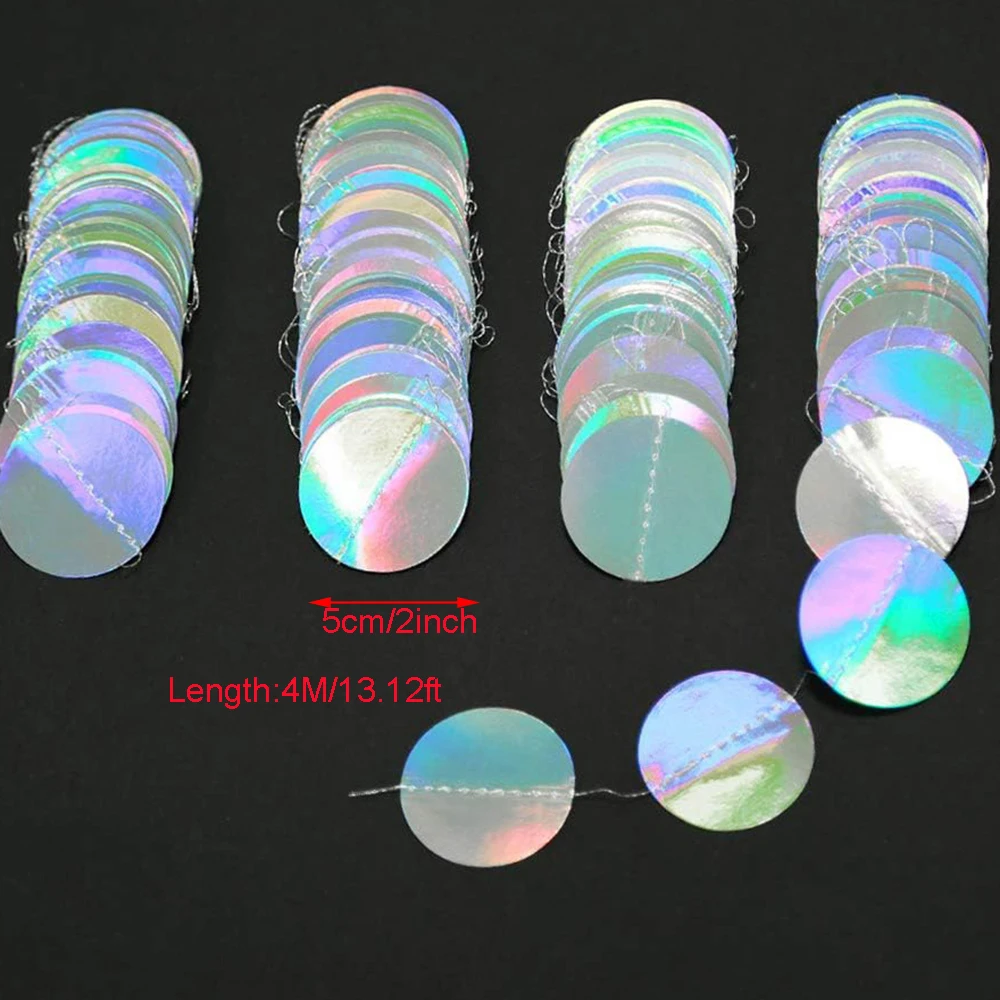 4M/13.12ft Holographic Circle Shiny Garlands Iridescent Circle Banner Hanging Streamer for Baby Shower Graduation Wedding Birthd