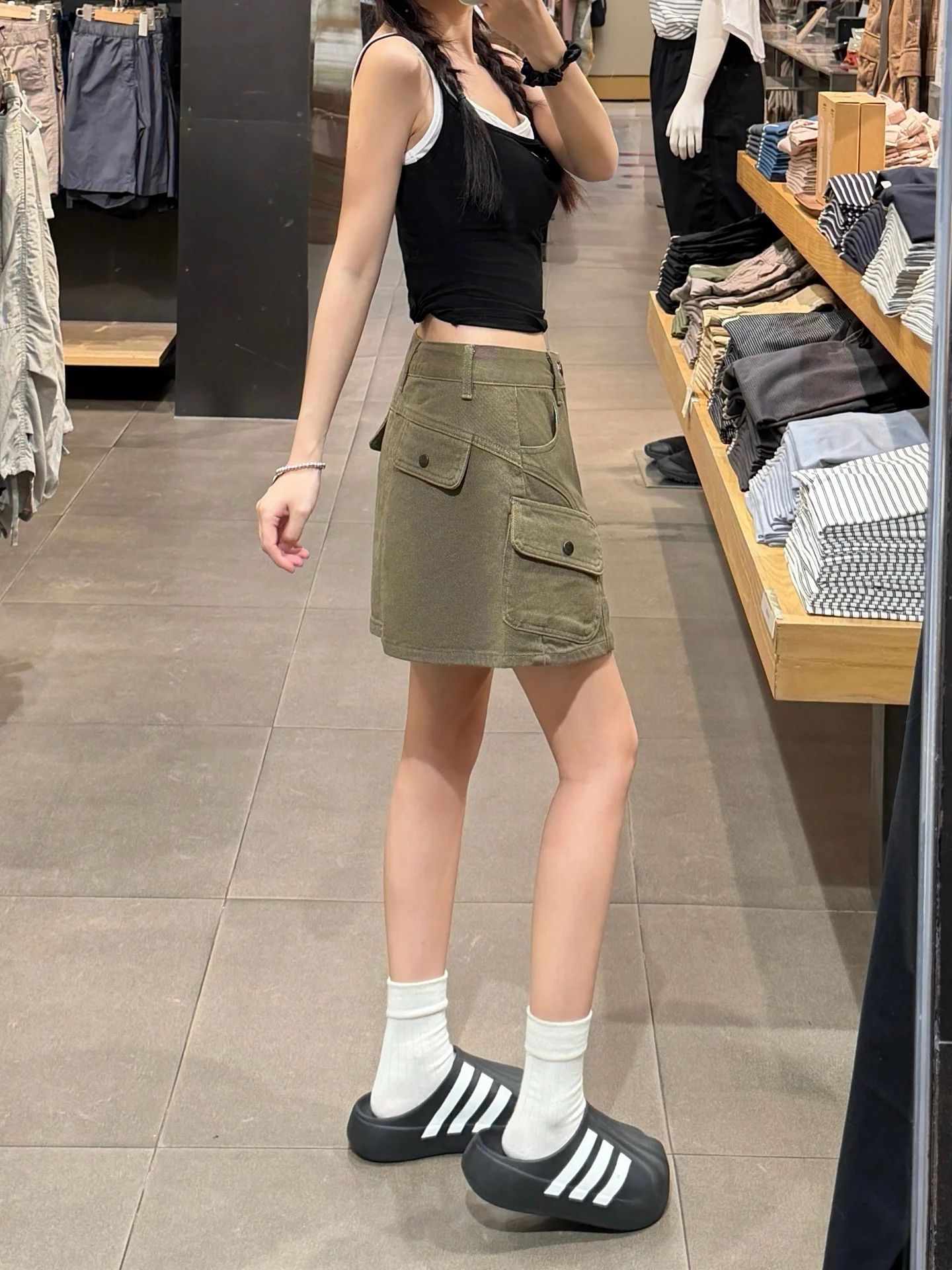 Military Green Workwear Style A-Line Denim  Skirt Women's Summer High Waist Slimming Design Multi-Pocket Short Skirt