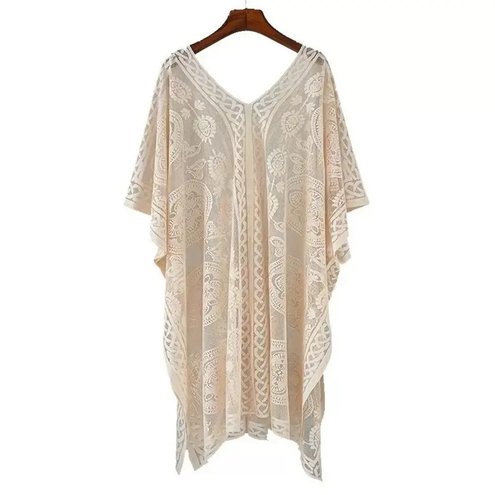 Elegant Lace Mesh Beach Cover Up Floral Pattern Plus Size Bikini Cover Up V Neck Hollow Out Swimsuit Cover Up Poolside