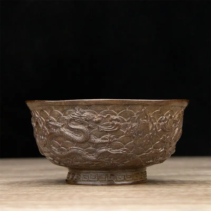 Imitation copper Qing Dynasty Qianlong period nine dragon bowl antique old object return double dragon old copper bowl