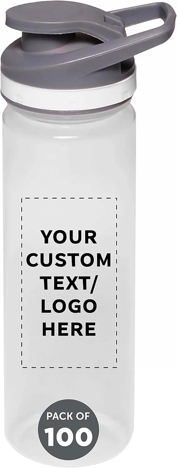 PROMOS Custom Sports Water Bottles 22 oz. Set of 100, Personalized Bulk Pack - Reusable, Leak proof, With lids - Clear