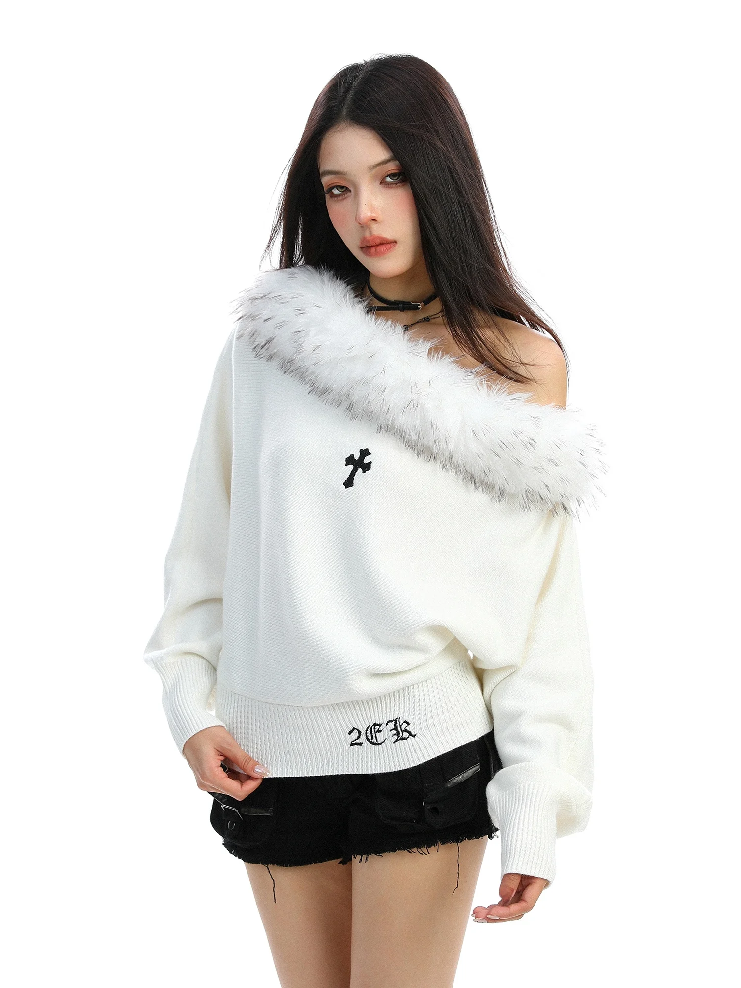 

Removable Fur Collar Slant oulder Embroidered Knitwear Women's Autumn Winter Crossbody Stitching Bare oulder Knitted Top