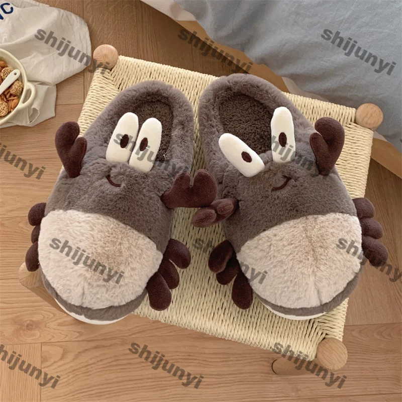 Women Winter Toe Wrap Warm Plaid Cotton Slippers Cartoon Crab Thick Soft Sole Slides Ladies Indoor Floor Home Non-slip Slippers