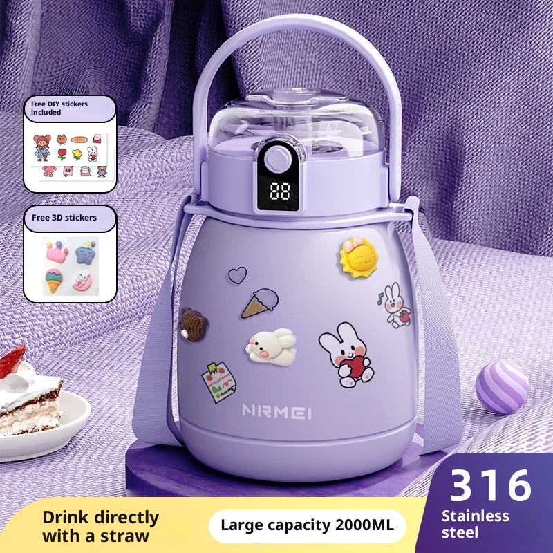 

New Large Capacity 316 Stainless Steel Insulated Cup Girls 2000ml Bottle with Straw Children School Use