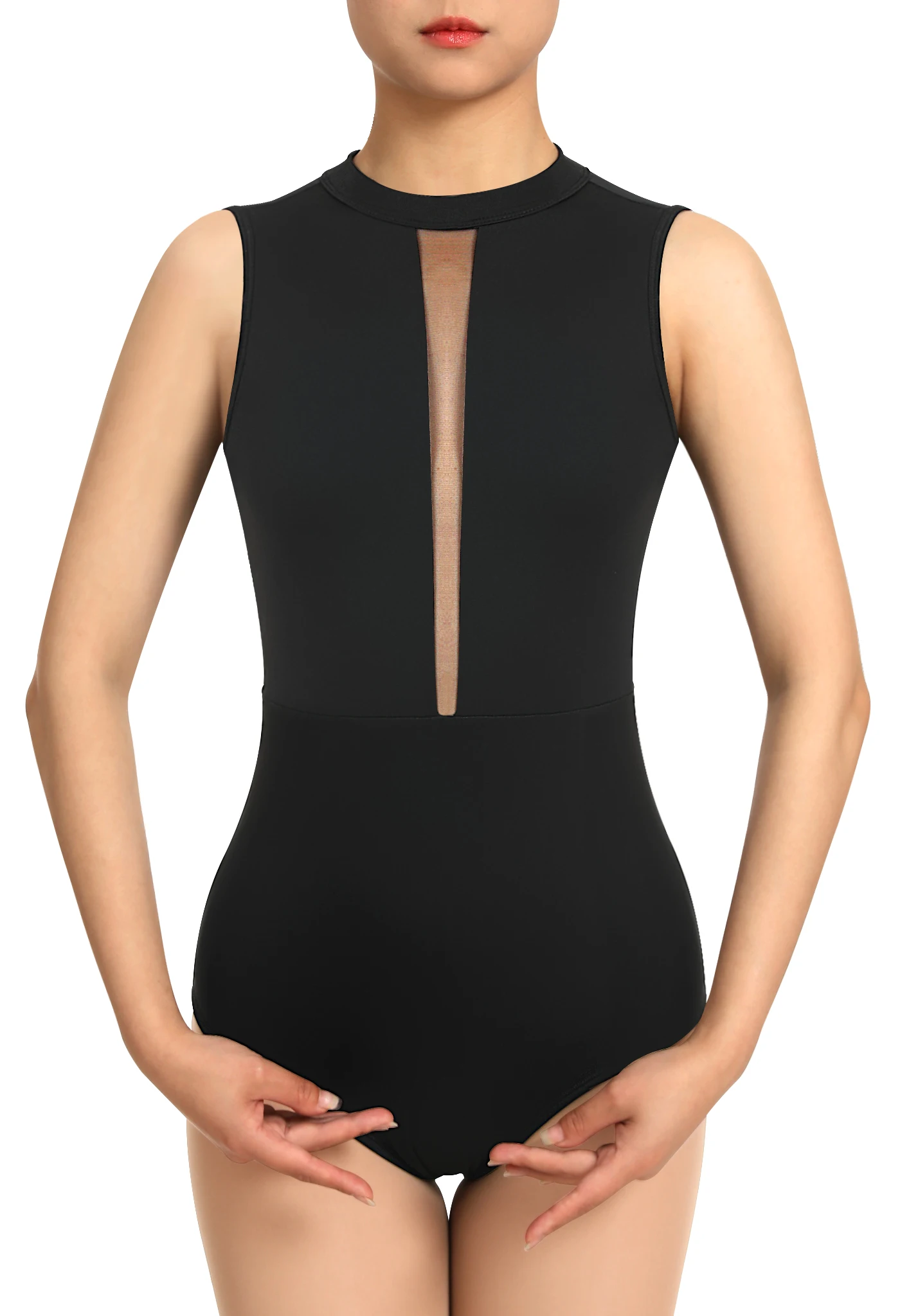 Women Turtleneck Dance Leotard Ballet Front Split Open Mesh Hollow Back Paddable Chest Pad