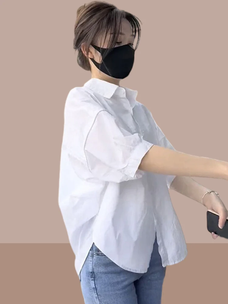 

Повседневная свободная женская рубашка, модный топ, скрывающий живот, тонкий, с коротким рукавом, новый дизайн, весна-лето, новинка