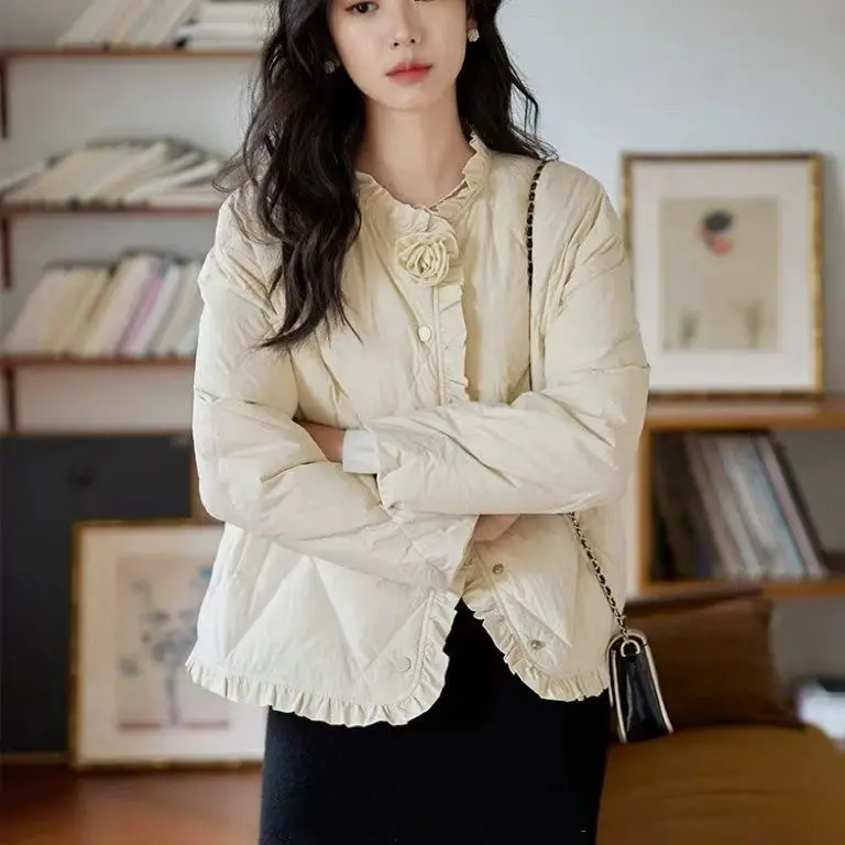 Piumino da donna in cotone Jaet ort Cappotto invernale vintage leggero e ampio Fiore 3D impreziosito in legno coreano Sle