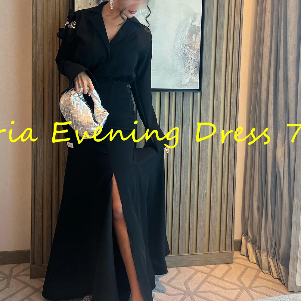 Customized Modern Straight Floor Length V-Neck Jersey Long Sleeves Crystal Evening Dress Classic Photo Color vestidos para mujer