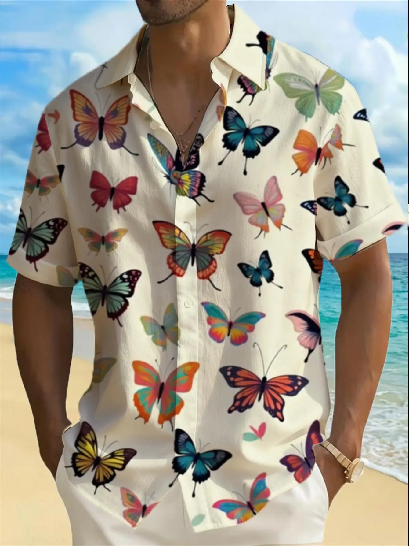 Men's Shirt Colorful Butterfly Print Short Sleeve Lapel Button Shirts Summer Beach Vacation Casual Tops Men Clothing