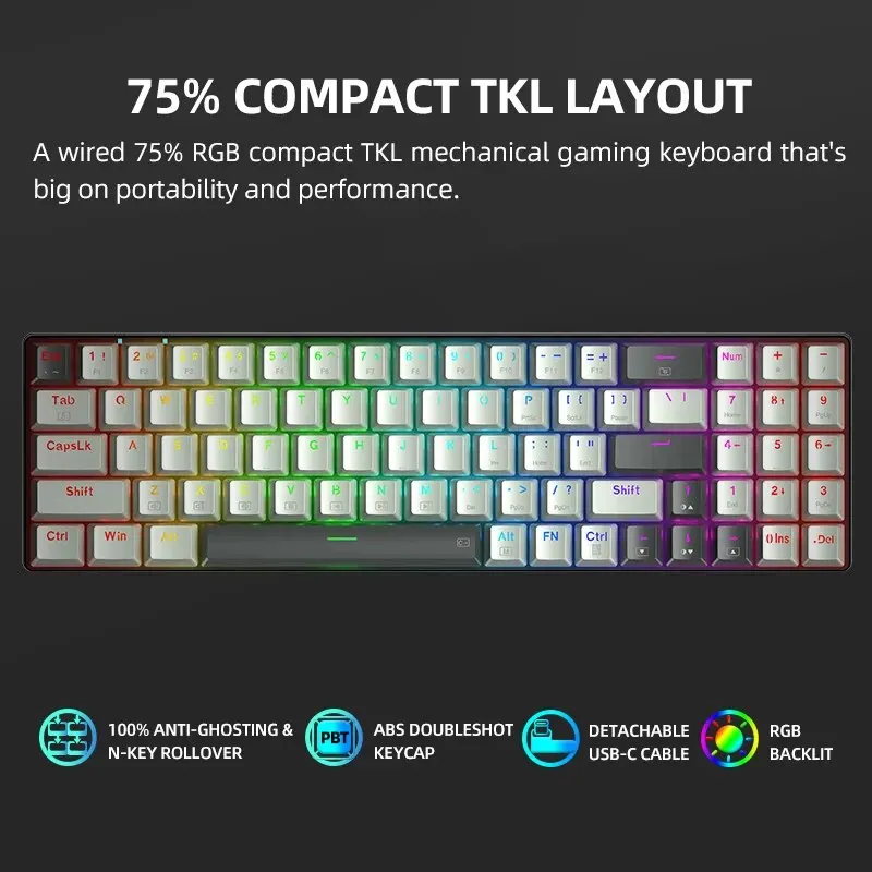 THUNDEROBOT K78 TKL Mechanical Keyboard Wired RGB 78Key 75% Compact TKL Layout Hot-Swappable Gaming Keyboard For Laptop PC Gamer