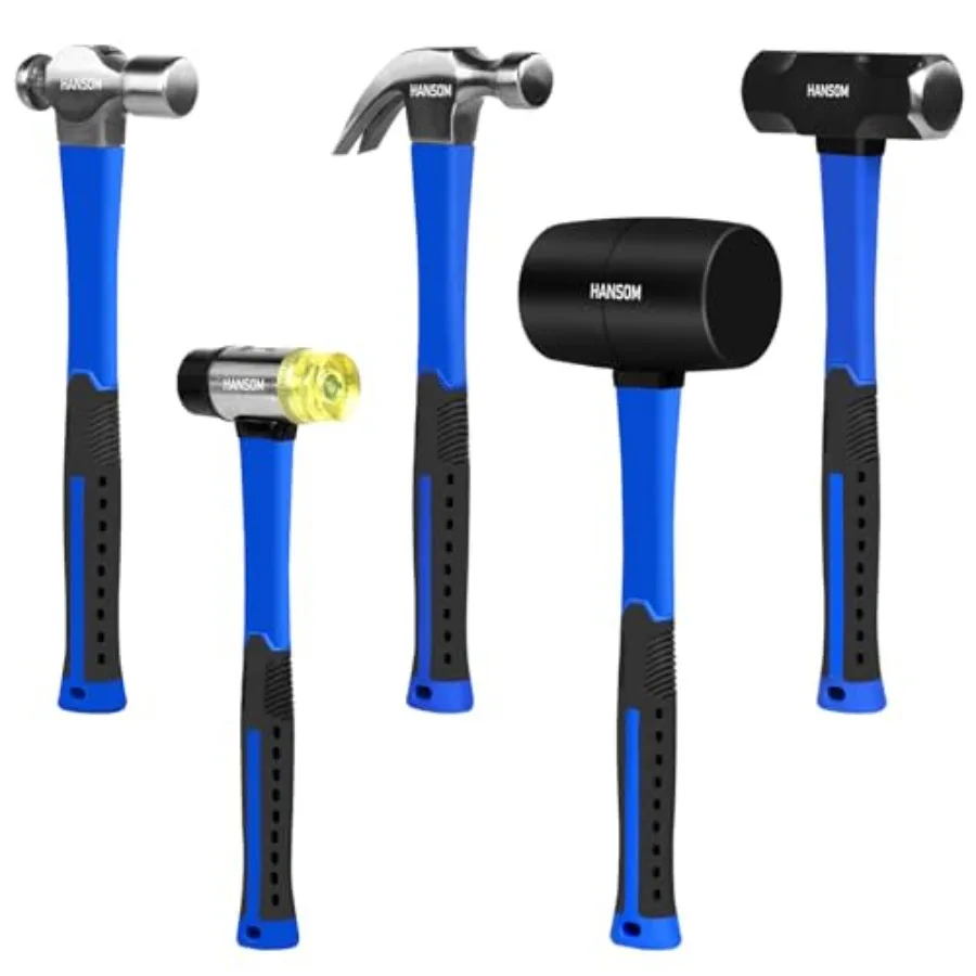 

5Pack Hammer Set for Professional and DIY Applications: Includes Rubber Mallet 32oz DoubleFaced Mallet 22oz 16oz Claw Hammer 16
