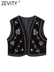 Zevity Women Vintage Sequins Flower Embroidery Short Velvet Vest Jacket Ladies Sleeveless Casual Cardigan WaistCoat Tops CT5465