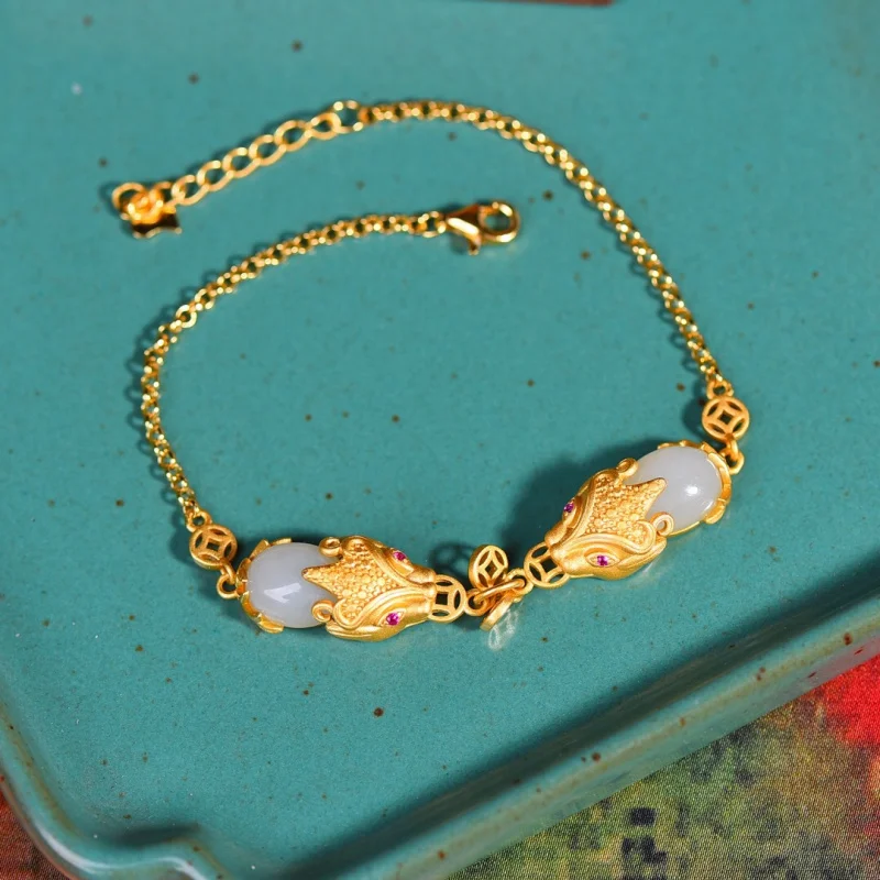

Ювелирный браслет Hetian для женщин, серебро S925, инкрустированный белым нефритом Pixiu, золотая цепочка Lucky Fortune Transfer