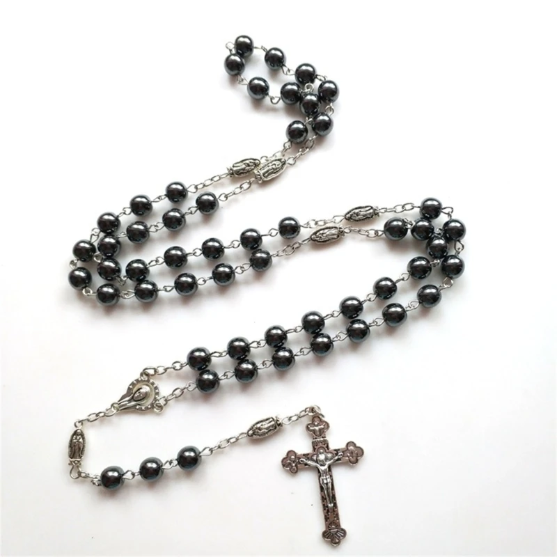 Hematite Stone Rosary Necklaces Beaded Pendant Religious Neck Chain Catholic Christian Jewelry Gift for Men Women