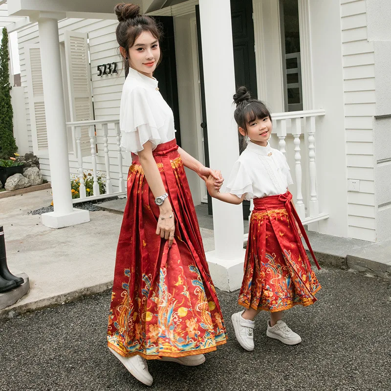 

Retro Mom and Daughter Blouse Hanfu Horse-face Skirt Set Modern Elegant Women Girl Chinese Traditional Oriental Fashion Clothes