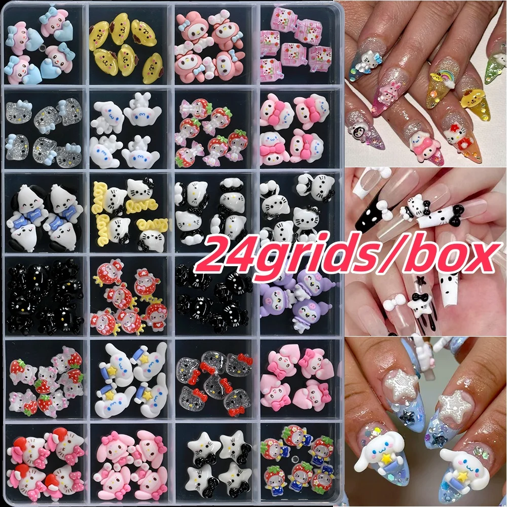 24칸/박스 헬로키티 만화 캐릭터 & 친구 레진 네일 액세서리 3D 귀여운 네일 아트 참 DIY 매니큐어 데코