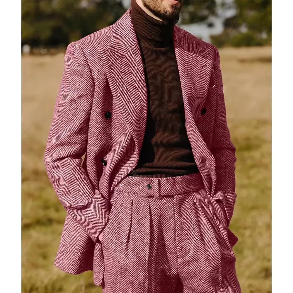 Herringbone Men's Suit 2 Pieces Set Fashion Lapel Double Breasted Tuxedos Groom Blazer Pants Party Business Tailored Hot Sell