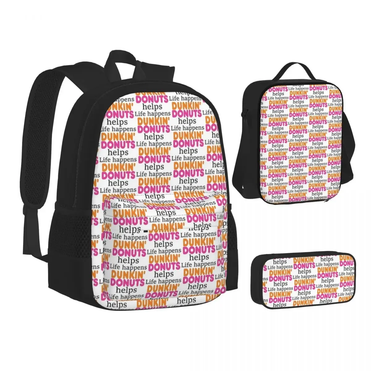 Life Happens... Dunkin Donuts Helps Backpacks Boys Girls Bookbag Children School Bags Cartoon Lunch Bag Pen Bag Three-Piece Set