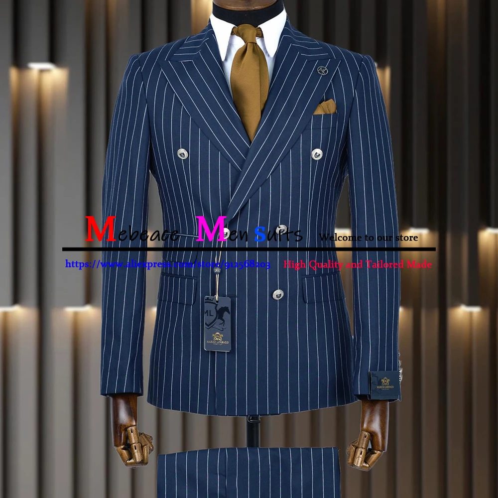 

Navy Blue Mens Suits White Stripe Men Blazer Sets Double Breasted Wedding Groom Tuxedos 2 Pieces (Jacket+Pants) Costume Homme