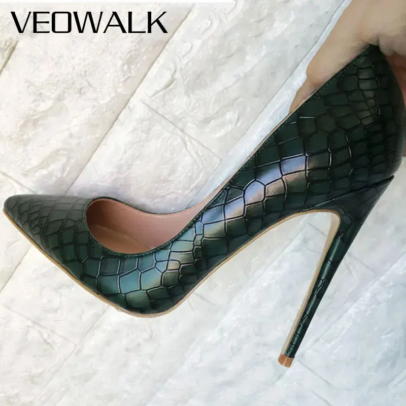 Tikicup, nuevo, verde oscuro, efecto Croc, patrón en relieve, puntiagudos, tacones altos, tacones de aguja sexis de diseñador para mujer, fiesta de noche
