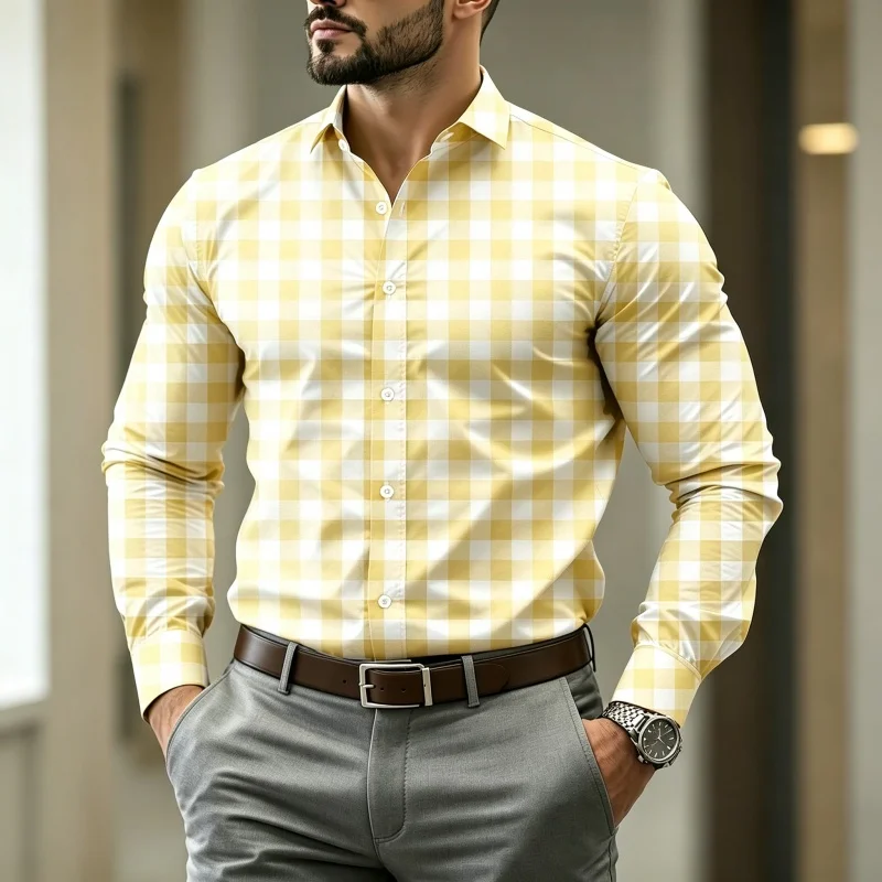 High Quality Men's Checkered Long Sleeved Shirt with a Stylish Design, Trendy Men's Business Casual Shirt for Spring and Autumn