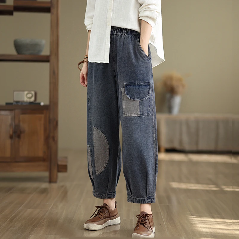 Aricaca Women High Quality Loose Cotton Jeans with Big Pockets Women High Waist Jeans Casual Long Pants