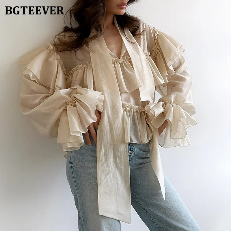 

BGTEEVER Elegant Ruffles V-neck Ladies Blouses Shirts Long Sleeve Loose Female Shirts Tops