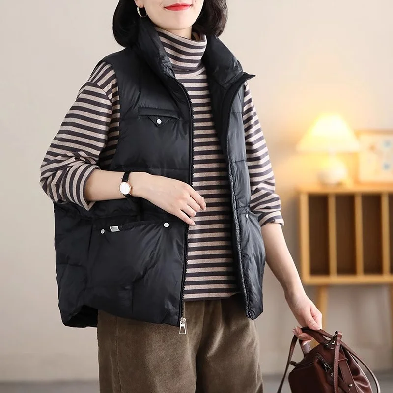 

plus Size Casual Thiened Loose Fit Stand Collar Women's Vest Autumn Winter Outerwear Zipper Closure Comfortable Cotton Jaet