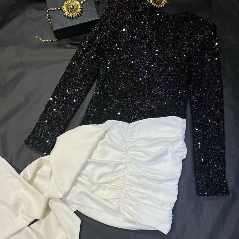 Damen-Patchwork-Kleid mit Pailletten, langärmelig, Rundhalsausschnitt, figurbetonter Rock mit Farbblockierung, hochwertiges Abendkleid, Herbst, Neuankömmling,