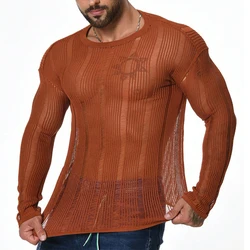 Sexy See Through Knitted T Shirt Mens Long Sleeve O Neck Slim Stretch Knit Tops For Men Casual Breathable Solid Color Pullovers