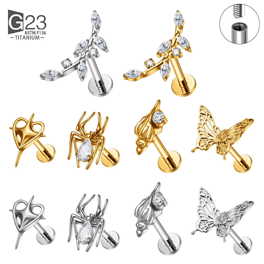 G23 titanio 16G mariposa hoja Concha Labret cartílago Tragus Monroe labio nariz hélice Stud pendiente Animal Piercing Kit joyería