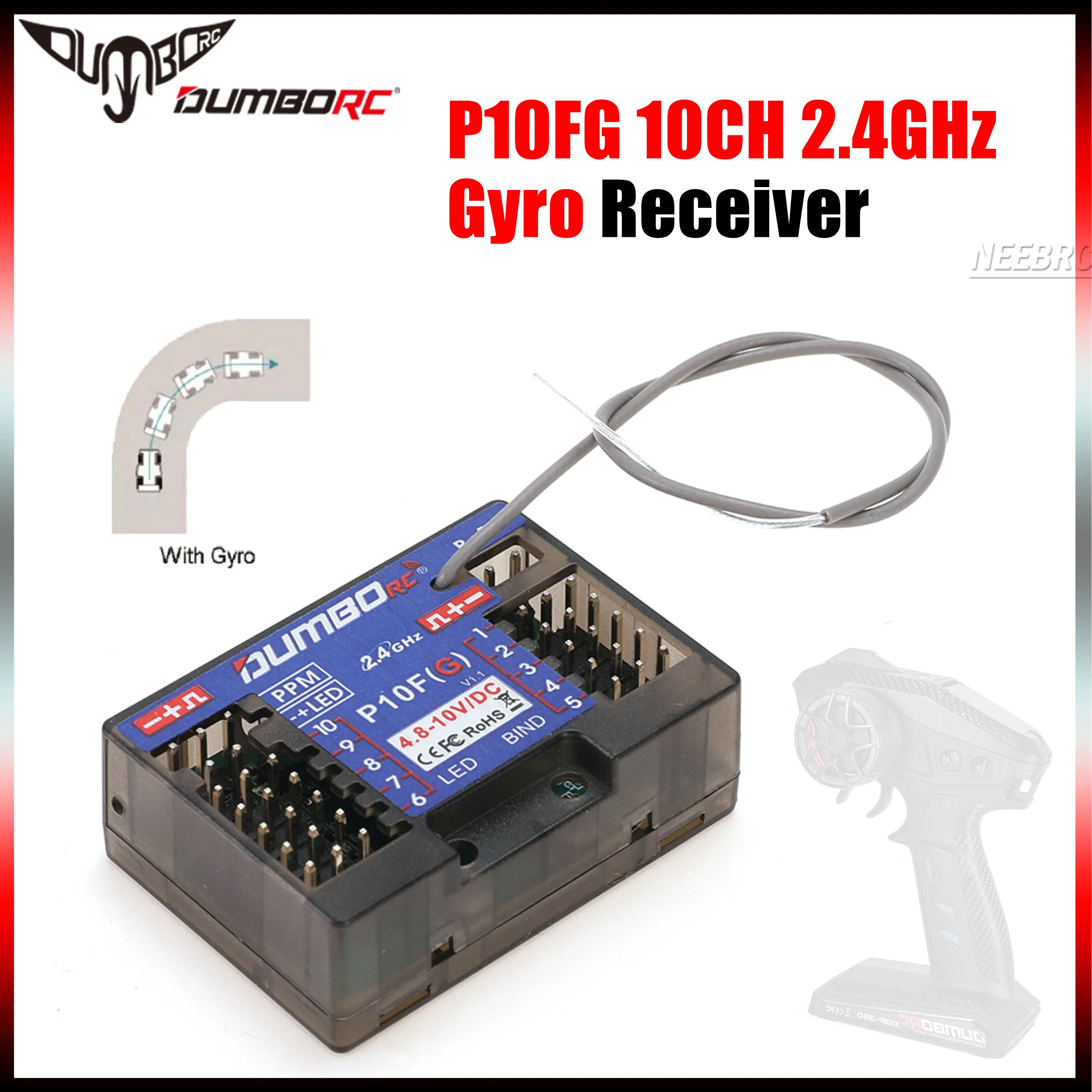 

DUMBORC 10CH P10FG 2.4G Gyro Receiver Voltage Return 4.8-10V for DDF-350 Transmitter Remote Control RC Car Boat Tank Model Parts