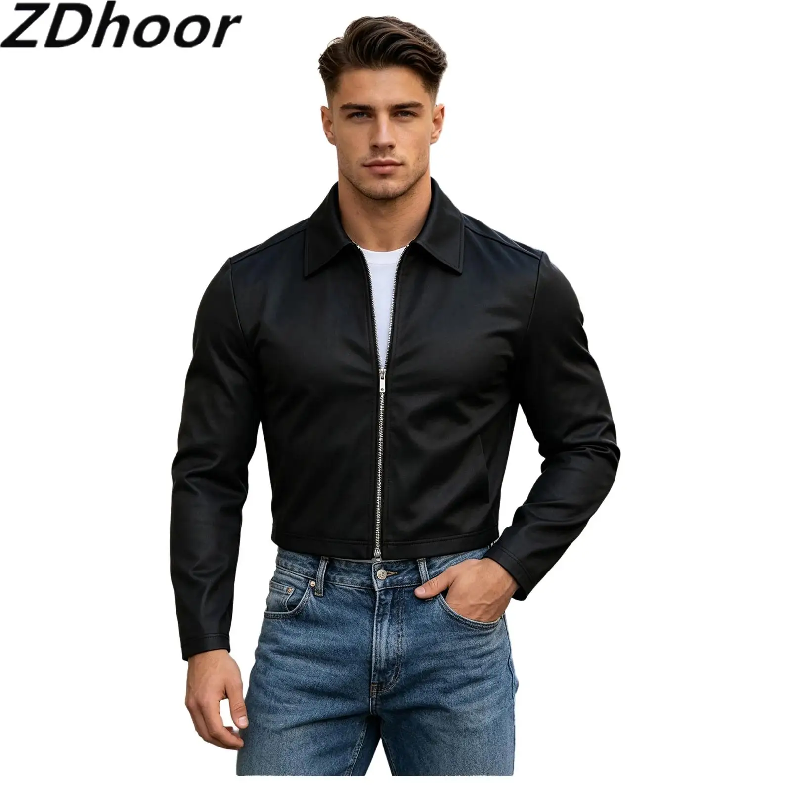 Men Two-way Zipper Jacket Turn-down Collar Long Sleeve Cropped Coat Outerwear for Casual Daily Life Party
