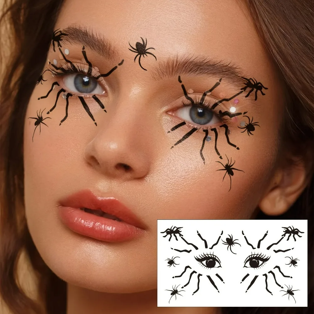 10pcs Halloween Spider Series Temporary Tattoo Stickers Face Tattoos Black Spider and Web Patterns Artistic Face and Eye Corner