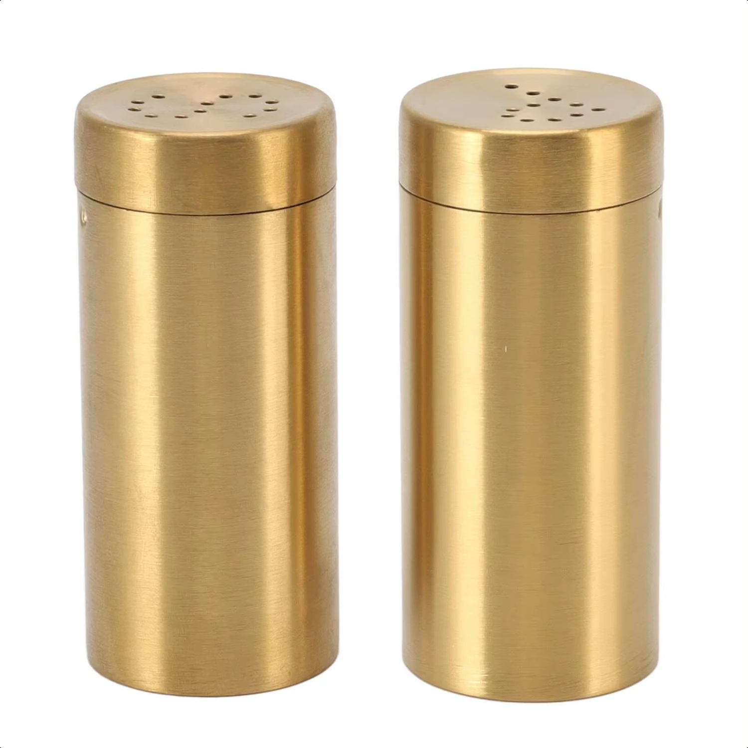 

Set of 2 Gold Stainless Steel Spice Jars Shaker Bottles salt Sugar Pepper Paprika - Rustproof Screw Open Top - Seasoning