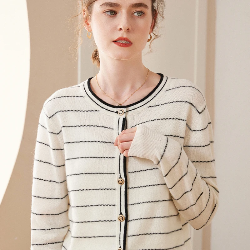 

2023 Autumn Winter New Women's 100% Cashmere Cardigan Knitted Sweater Female Fashion Striped Loose Cardigans Long Sleeve Coat